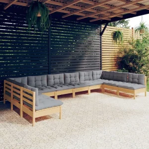 10-delige Loungeset met grijze kussens massief grenenhout