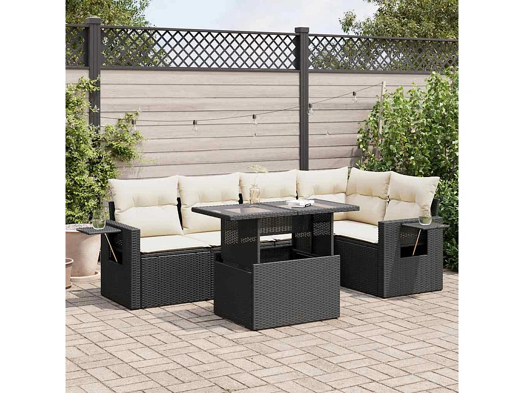 6-delige Loungeset met kussens poly rattan zwart