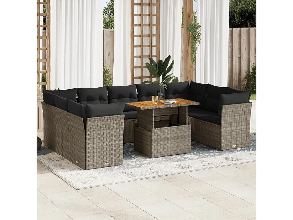 10-delige Loungeset met kussens poly rattan grijs