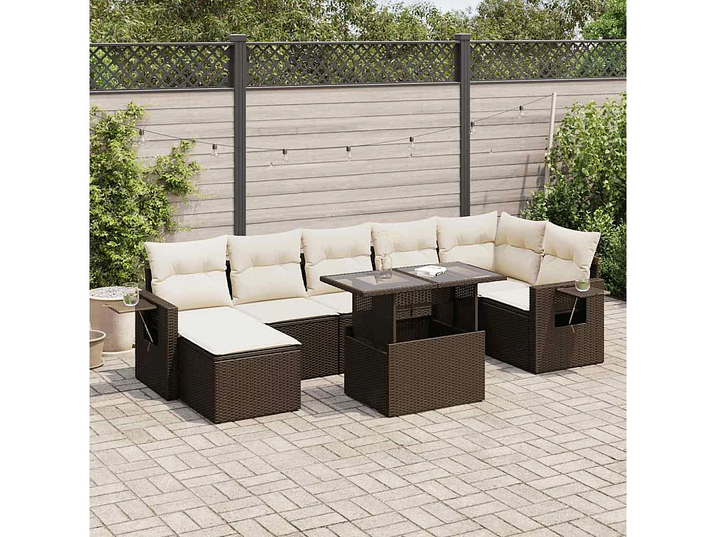 8-delige Loungeset met kussens poly rattan bruin