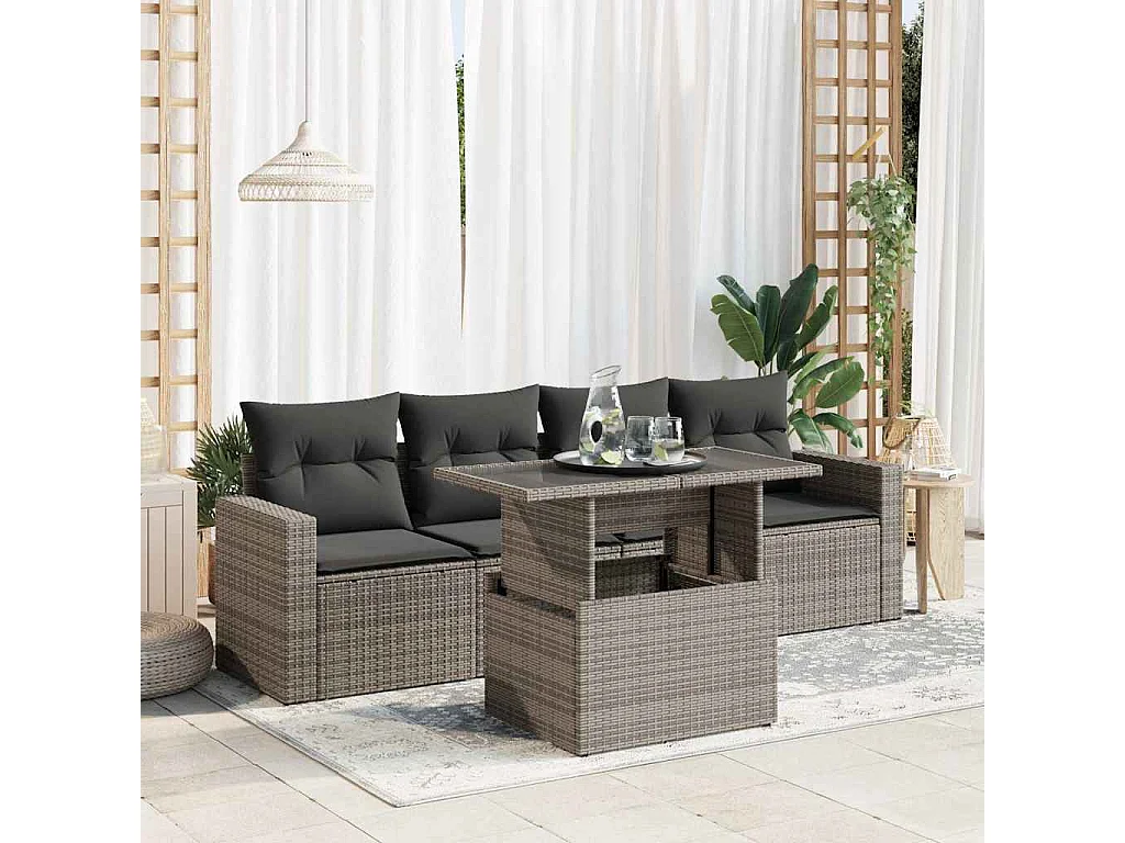 5-delige Loungeset met kussens poly rattan grijs