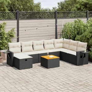9-delige Loungeset met kussens poly rattan zwart 9-delige Loungeset met kussens poly rattan zwart
