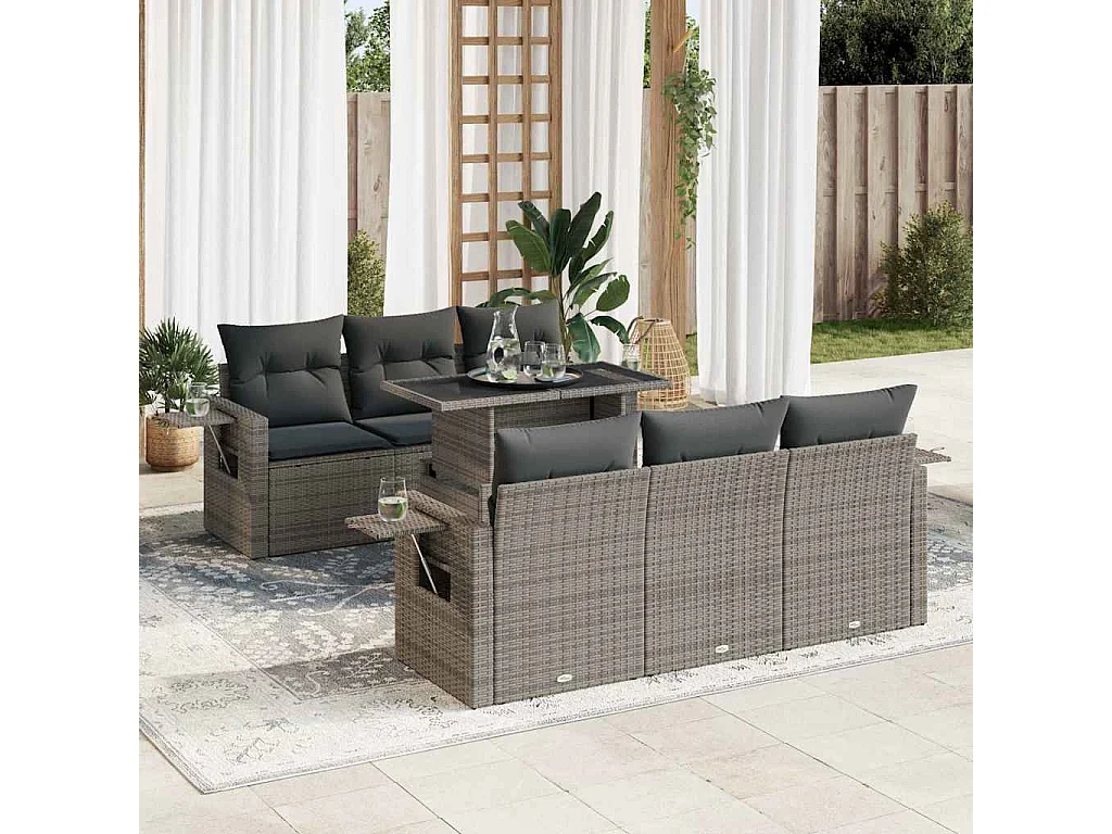 7-delige Loungeset met kussens poly rattan grijs