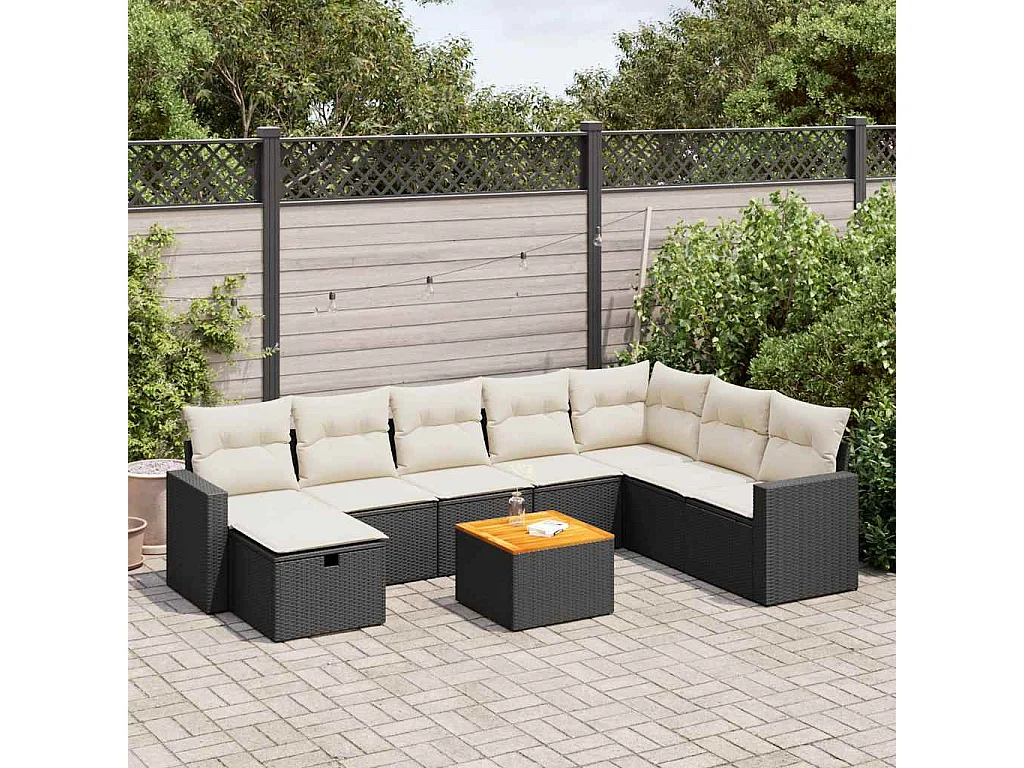 9-delige Loungeset met kussens poly rattan zwart