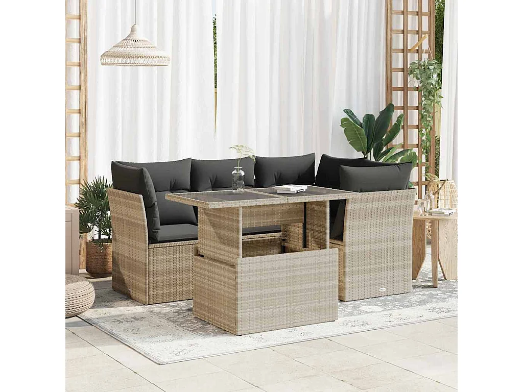 5-delige Loungeset met kussens poly rattan lichtgrijs