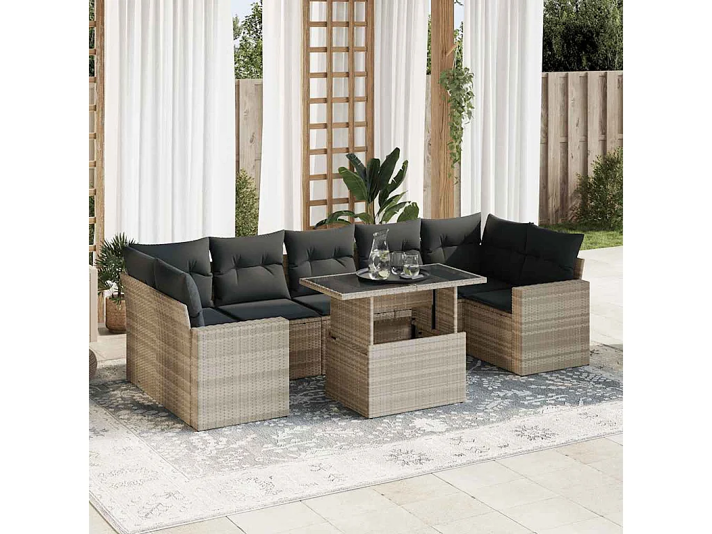 8-delige Loungeset met kussens poly rattan lichtgrijs