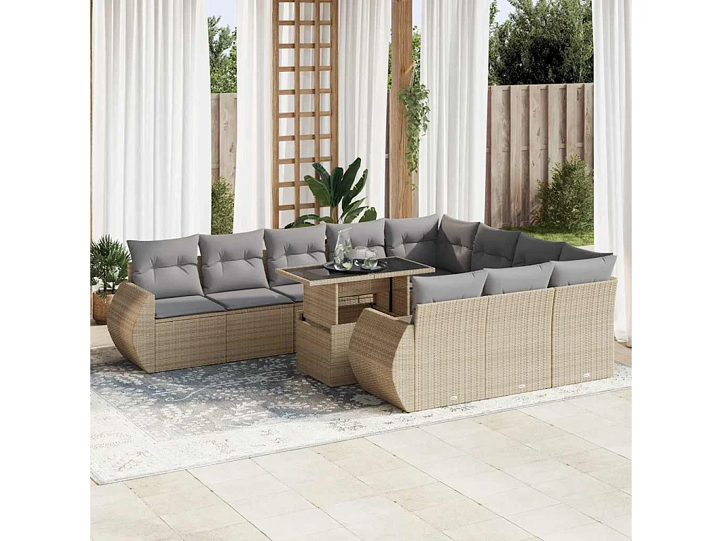 11-delige Tuinset met kussens poly rattan beige