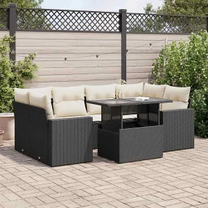 7-delige Loungeset met kussens poly rattan zwart 7-delige Loungeset met kussens poly rattan zwart