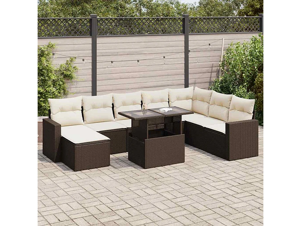 9-delige Loungeset met kussens poly rattan bruin