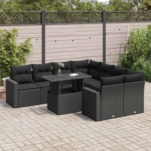 9-delige Loungeset met kussens poly rattan zwart 9-delige Loungeset met kussens poly rattan zwart