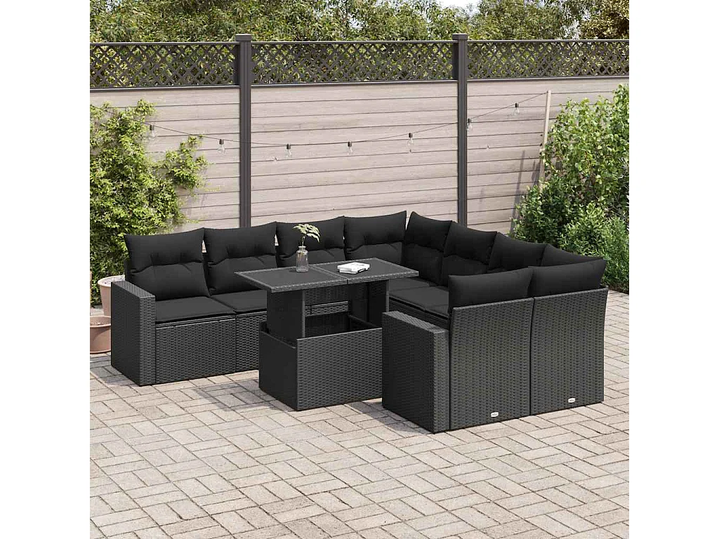 9-delige Loungeset met kussens poly rattan zwart