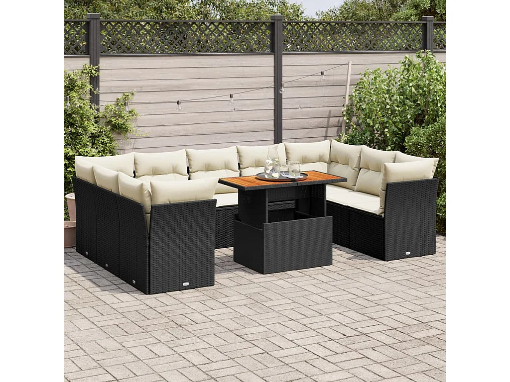 10-delige Loungeset met kussens poly rattan zwart