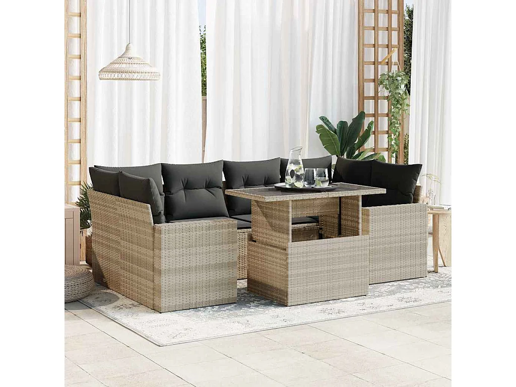 7-delige Loungeset met kussens poly rattan lichtgrijs