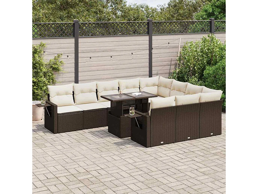 11-delige Loungeset met kussens poly rattan bruin