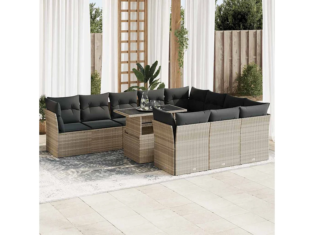 11-delige Loungeset met kussens poly rattan lichtgrijs