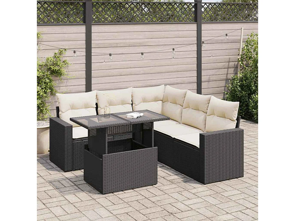 6-delige Loungeset met kussens poly rattan zwart