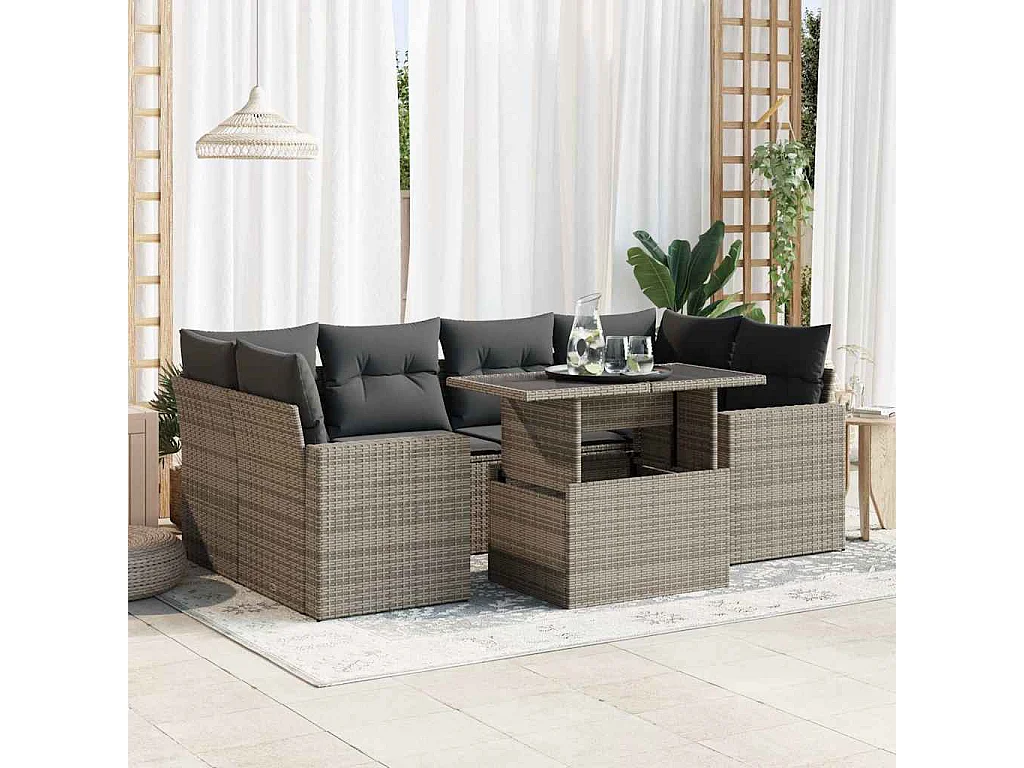 7-delige Loungeset met kussens poly rattan grijs