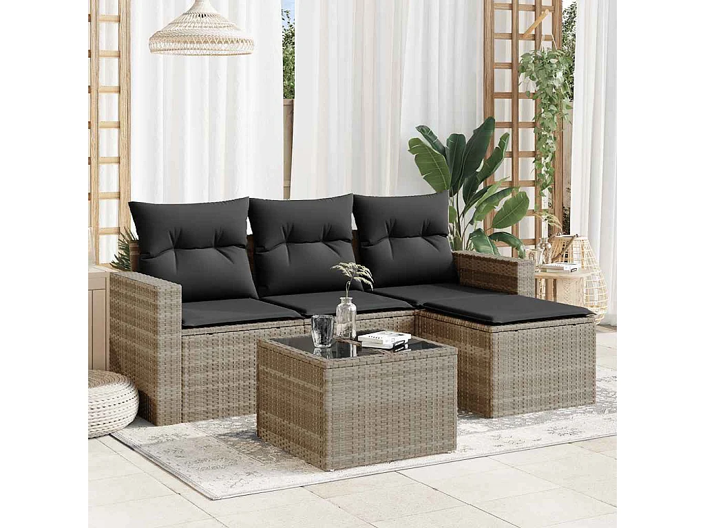 5-delige Loungeset met kussens poly rattan lichtgrijs