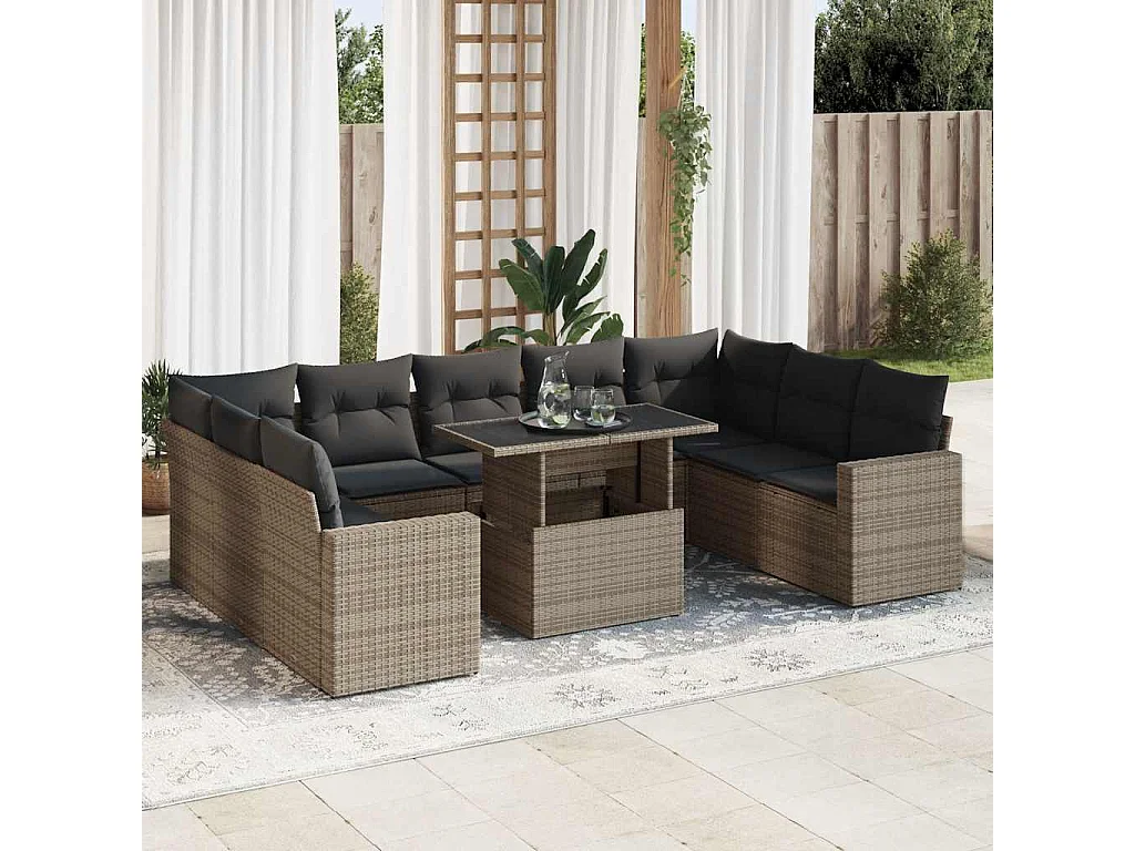10-delige Loungeset met kussens poly rattan grijs