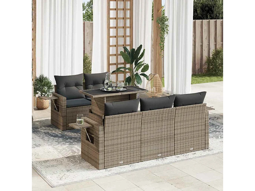6-delige Loungeset met kussens poly rattan grijs