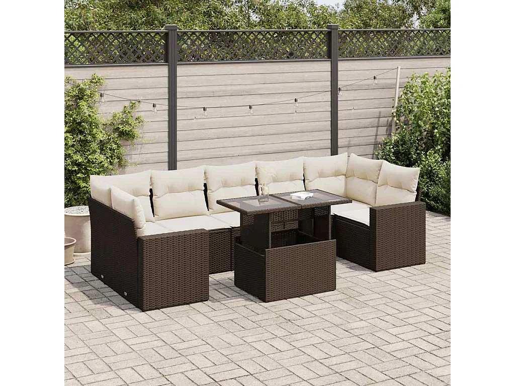 8-delige Loungeset met kussens poly rattan bruin
