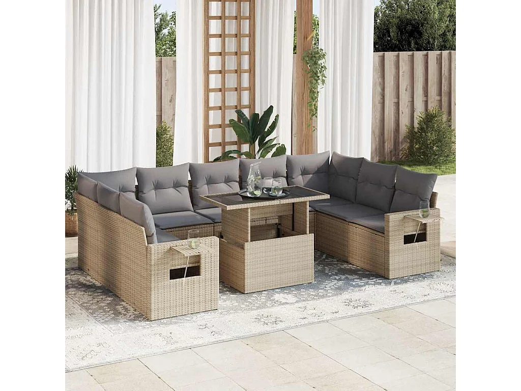 10-delige Loungeset met kussens poly rattan beige
