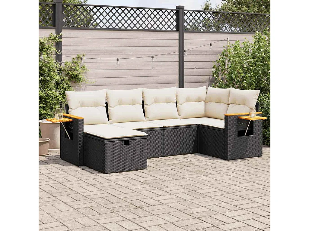6-delige Loungeset met kussens poly rattan zwart