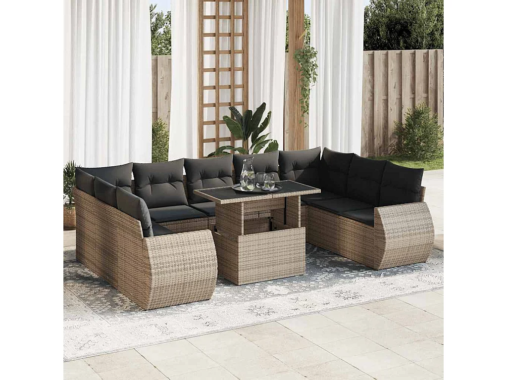 10-delige Loungeset met kussens poly rattan grijs