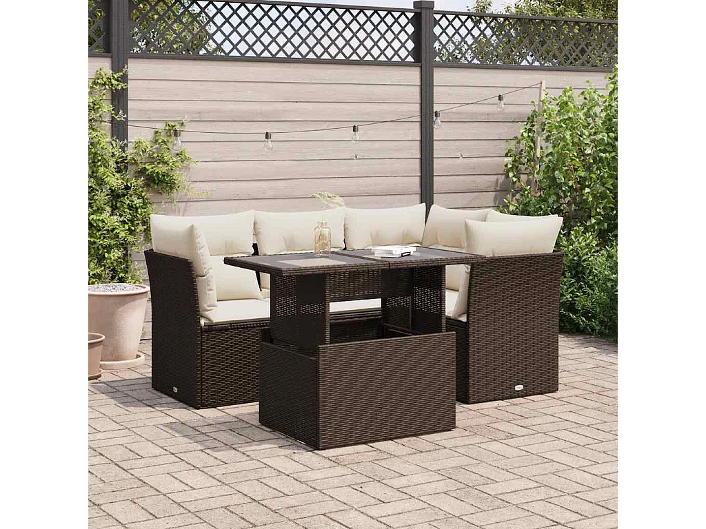 5-delige Loungeset met kussens poly rattan bruin