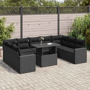 10-delige Loungeset met kussens poly rattan zwart 10-delige Loungeset met kussens poly rattan zwart