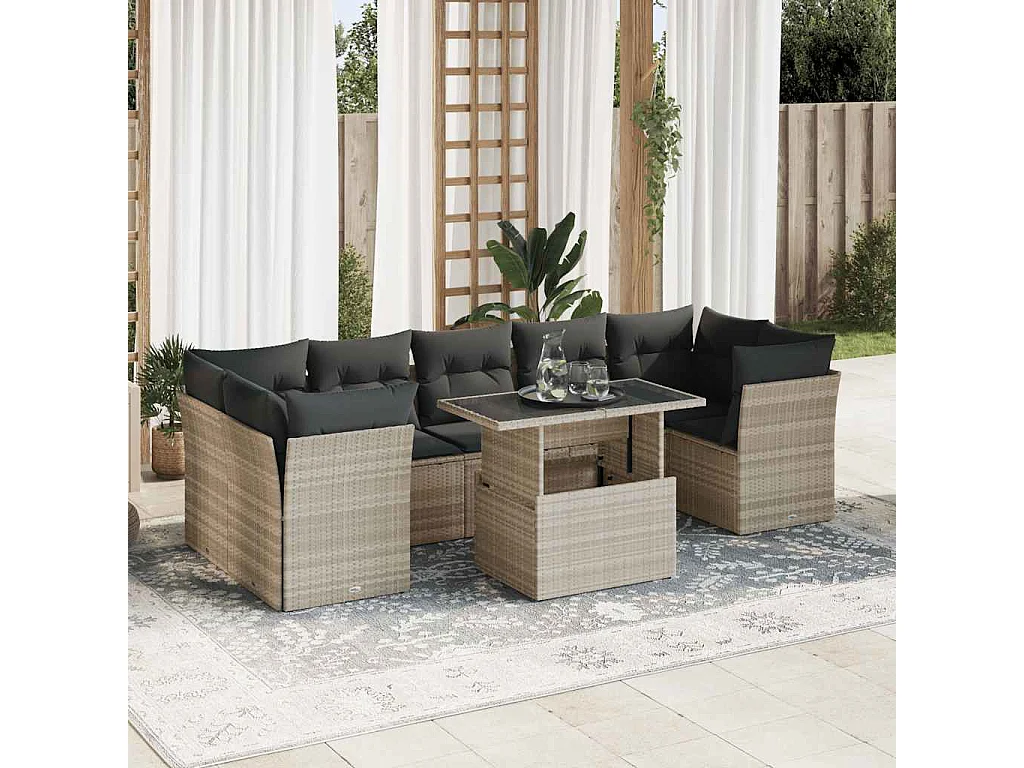 8-delige Loungeset met kussens poly rattan lichtgrijs
