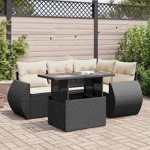5-delige Loungeset met kussens poly rattan zwart 5-delige Loungeset met kussens poly rattan zwart