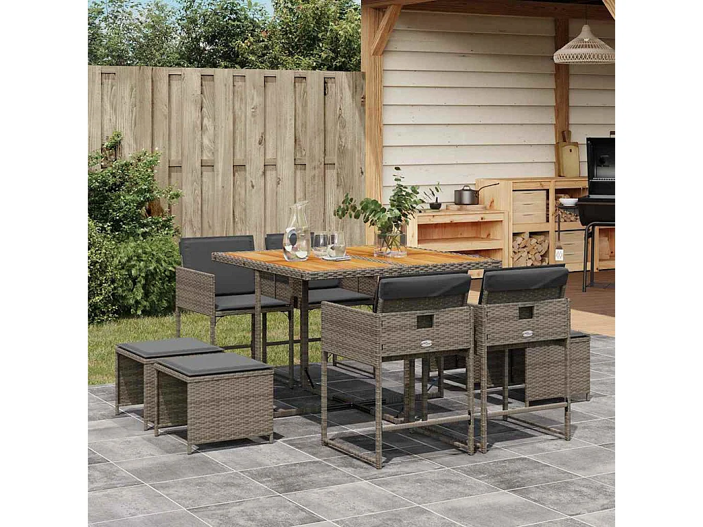 9-delige Tuinset met kussens poly rattan grijs