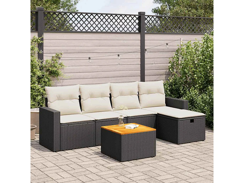 6-delige Loungeset met kussens poly rattan zwart