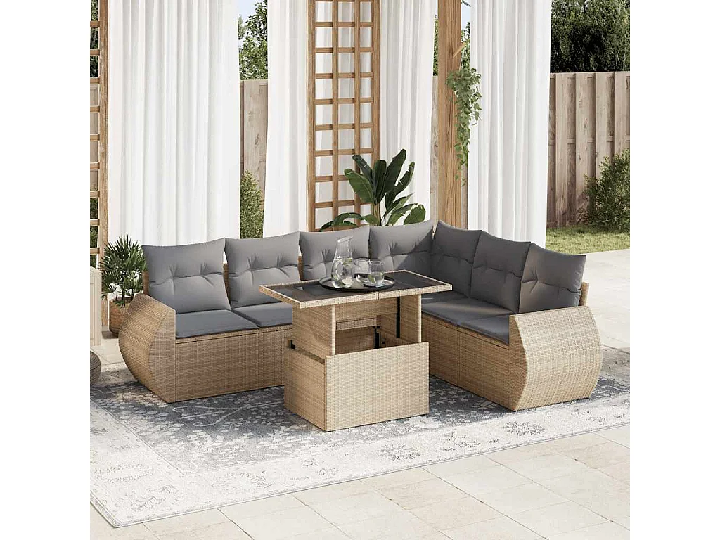 7-delige Loungeset met kussens poly rattan beige