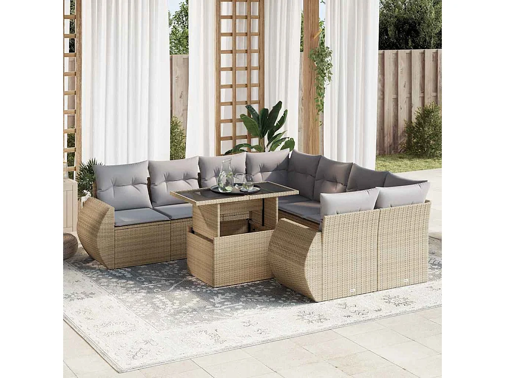 9-delige Loungeset met kussens poly rattan beige