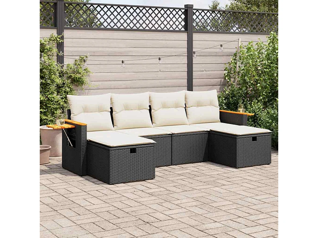 6-delige Loungeset met kussens poly rattan zwart
