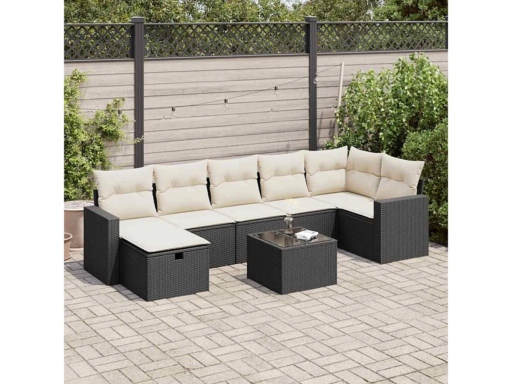 8-delige Loungeset met kussens poly rattan zwart