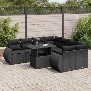 9-delige Loungeset met kussens poly rattan zwart 9-delige Loungeset met kussens poly rattan zwart