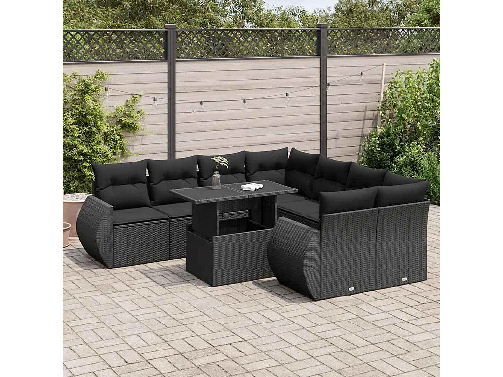 9-delige Loungeset met kussens poly rattan zwart