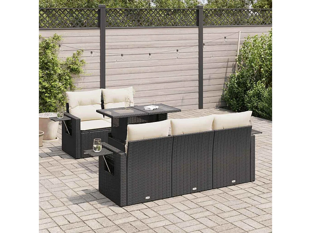 6-delige Loungeset met kussens poly rattan zwart