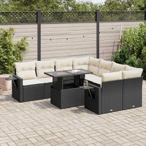 9-delige Loungeset met kussens poly rattan zwart 9-delige Loungeset met kussens poly rattan zwart