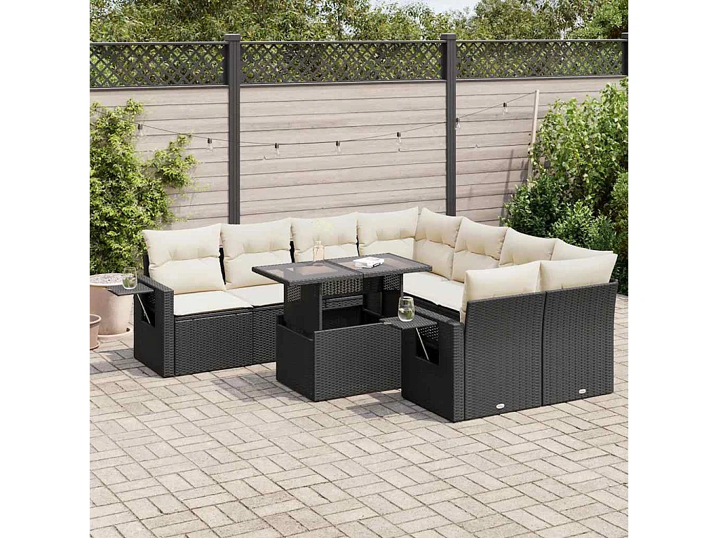 9-delige Loungeset met kussens poly rattan zwart