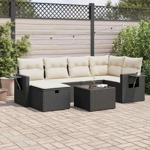 7-delige Loungeset met kussens poly rattan zwart 7-delige Loungeset met kussens poly rattan zwart