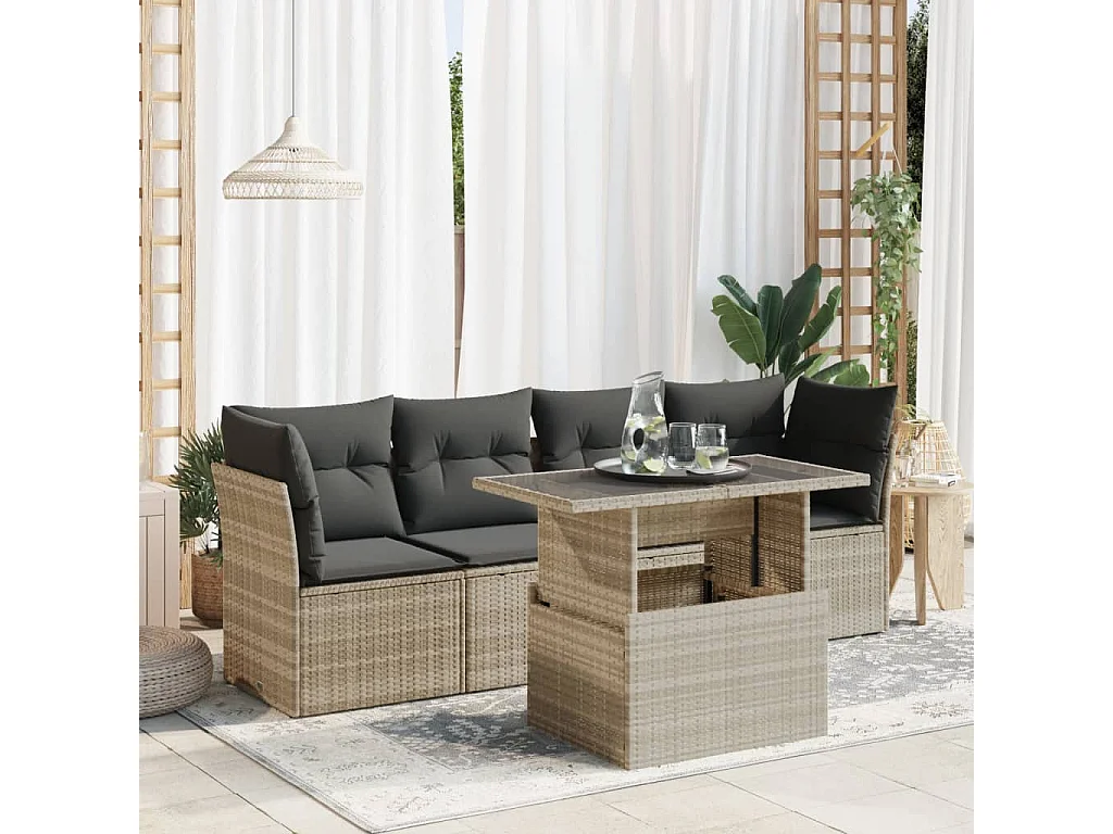 5-delige Loungeset met kussens poly rattan lichtgrijs