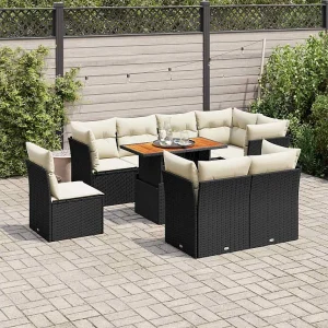 9-delige Loungeset met kussens poly rattan zwart 9-delige Loungeset met kussens poly rattan zwart