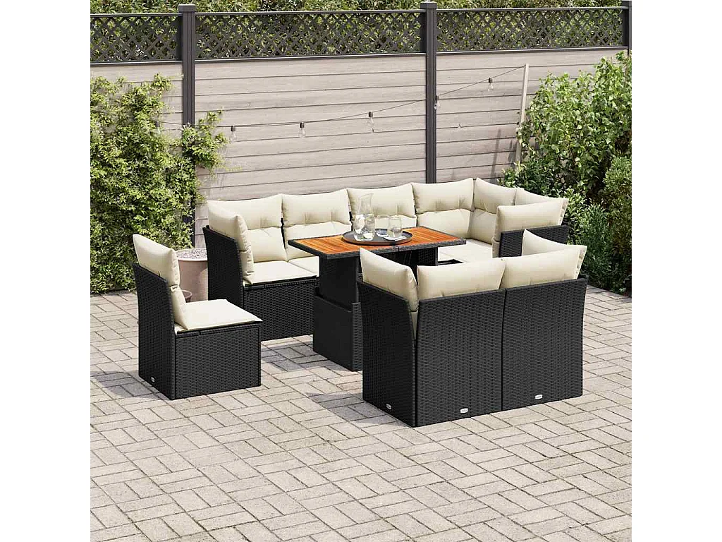 9-delige Loungeset met kussens poly rattan zwart
