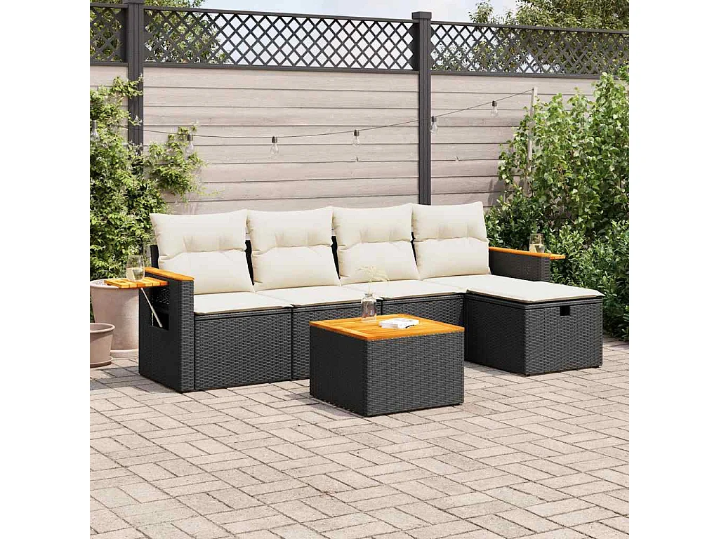 6-delige Loungeset met kussens poly rattan zwart