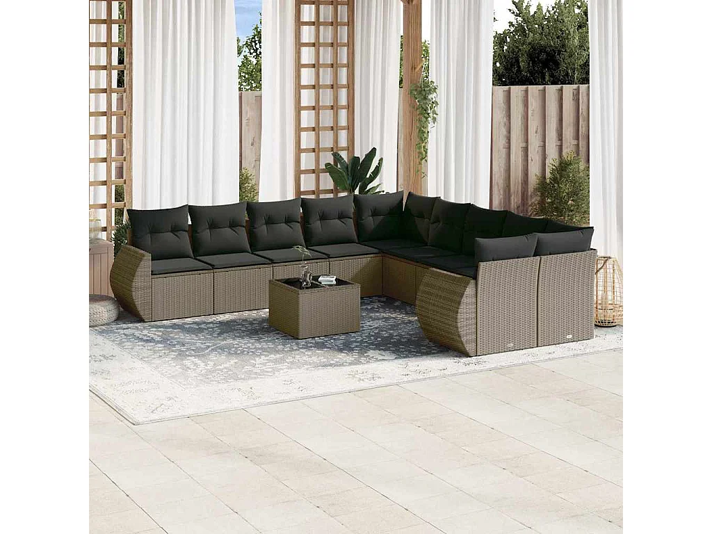 11-delige Loungeset met kussens poly rattan lichtgrijs