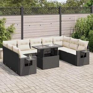 10-delige Loungeset met kussens poly rattan zwart